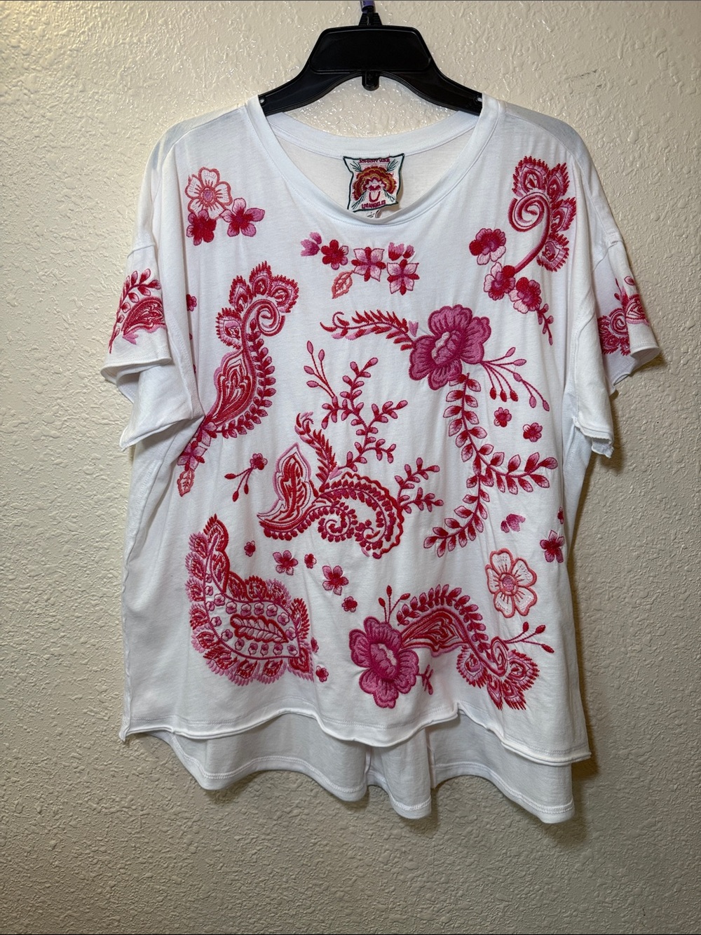 Johnny Was White Short-Sleeve Tee with Pink Floral Embroidery